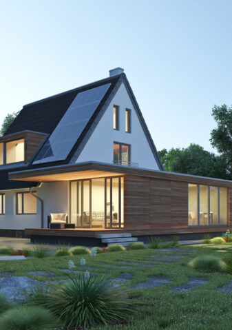 3d rendering of a house with solar panels on the roof and a modern wooden extension
